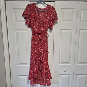 Chic Red Floral High Low Dress